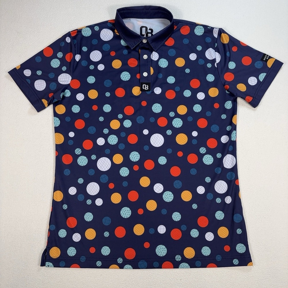 OB Shop Out Of Bounds Golf Polo Men's M Navy Stretch Colorful Polka Dots Balls